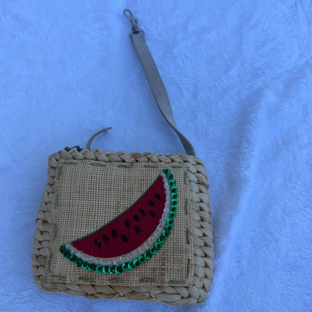 Woven Straw Watermelon Wristlet Bag Sequin Detail Green Gingham Lining Small